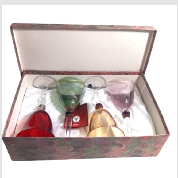 Cristalleria Fumo Wine Glasses Set of 4 Italy Crystal Red Green Amber Lilac IOB - Picture 2 of 9